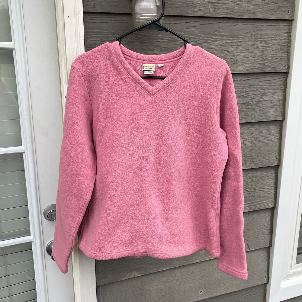 L.L.Bean Pink Fleece V Neck Long Sleeve Pullover Sweater Women's Size M - Picture 8 of 8